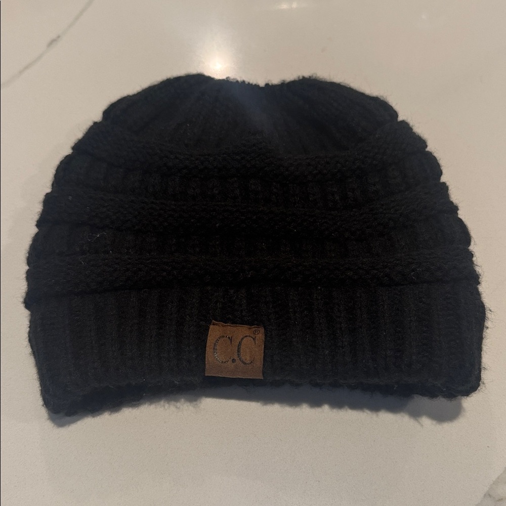 CC BeanieTail Black Knit Beanie Hat Messy Bun Ponytail Hole Cable Knit